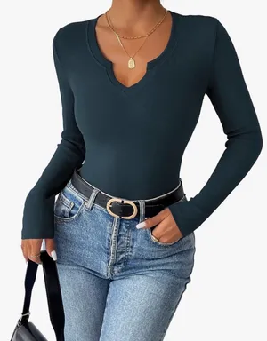 Zeagoo Womens Long Sleeve Shirts V-Neck Rib Knit Slim Fit Tops Casual Stretch Basic Tee Going Out Top thumbnail 5