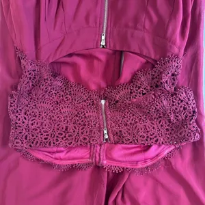 Papaya Burgundy Maroon Jumpsuit Lace Top Bare Midriff Open Back Wide Leg Sheer Overlay thumbnail 8