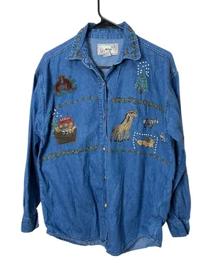 Vintage 90s BSA Embroidered Denim Shirt Noah's‎ Ark Animal Print Medium thumbnail 1