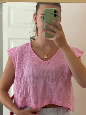 Karlie pink gauze top with ruffle sleeves thumbnail 1