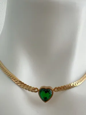 18K Gold Plated Green Heart snake chain Necklace Stainless Steel womens jewelry thumbnail 5