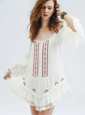 Free People White Cotton Asymmetrical Dress with Red Embroidery thumbnail 1