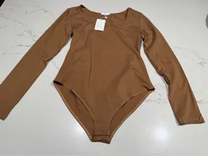 NEW Brown Cotton Long Sleeve Bodysuit L Size L thumbnail 1