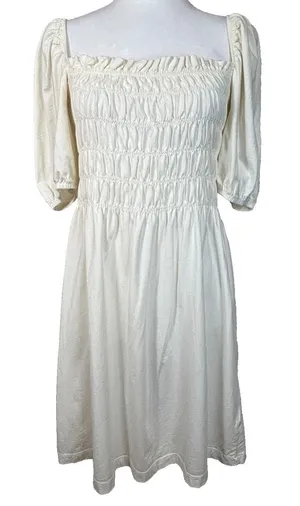 H&M Ivory Puff Sleeve‎ Smocked Cotton Midi Dress Sz S Milkmaid Cottagecore Romantic thumbnail 1