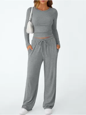 EKOUAER Woman’s Gray Wide-Leg Lounge Pant Drawstring Waist Long Sleeve Set Small thumbnail 2
