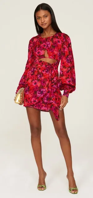 For Love & Lemons‎ Lauren Long Sleeve Mini Dress Size XS Hot Pink Floral thumbnail 1