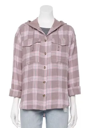 NEW SO Hooded Flannel Shirt Pink Brown Plaid NEW Plus 3X long sleeve button fron thumbnail 1