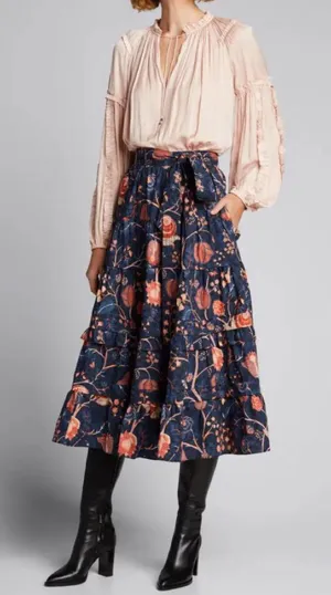 Ulla Johnson Sigrid Tiered Floral Midi Skirt Cotton Women’s 6 Navy thumbnail 1