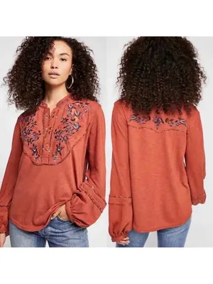 Free People Orange Cedar Sundance Kid Embroidered Western Henley Shirt Size S thumbnail 2