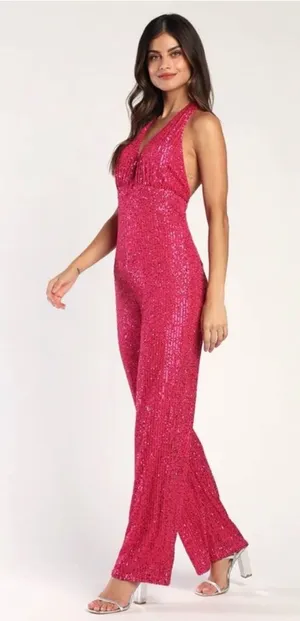 Lulus Hot Pink Sequin Star Potential Halter Jumpsuit Barbie thumbnail 1