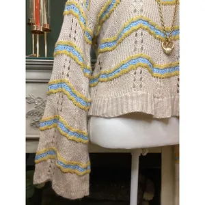 Alya Knit Sweater Womens Medium Tan Blue Yellow Excellent‎ Bell Sleeve thumbnail 2