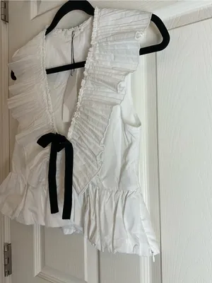 Zara White Ruffled Tie-Front Top Black Bow Coquette Size Small thumbnail 4