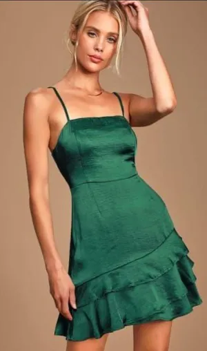 Lulu’s Emerald Green Satin Mini Dress With Ruffle Detail Size Small thumbnail 1
