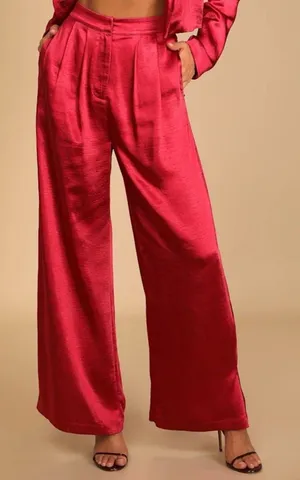 Lulus NWT Women Small Cherry Berry Red Satin Silky Wide Leg Trouser Pants Fall thumbnail 1