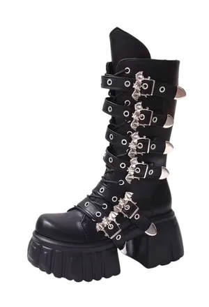 Gothic Punk Black Platform Goth Boots with Bat Buckles Size 9 thumbnail 1