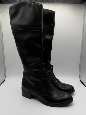 Tommy Hilfiger Black Leather Tall Riding Boots Lace Up Side Zip Women’s 6.5M thumbnail 1