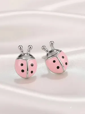 Pink Ladybug Stud Earrings - Cute Silver-Tone Girls Jewelry thumbnail 3