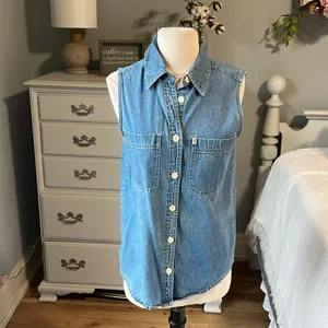 Riders By Lee Denim Jean Top Womens Small Button Down Collar Shirt Sleeveless Cotton thumbnail 3