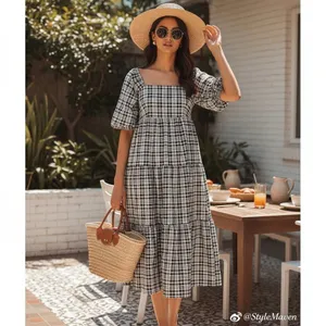 Faithfull the Brand Kiona Checker Print Puff Sleeve Midi Dress Black White M NWT thumbnail 2