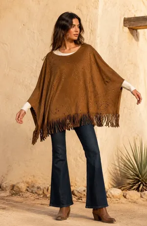 Wrangler Womens Faux Suede Laser Cut Fringe Poncho Brown XL LW4053X thumbnail 1