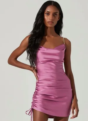 Astr Trista Satin Chain Link Strap Mini Dress Pink Size XS Barbie Party Ruched thumbnail 1