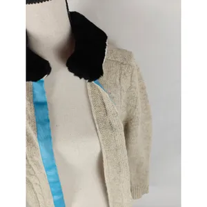 Women's Cable Knit Cardigan Sweater Cream Faux Fur Collar Open Front thumbnail 6
