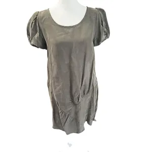 Marni 100% Silk Olive Green Ruched Puff Sleeve Shift Mini Dress M thumbnail 2