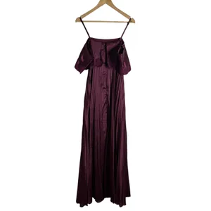ASOS Plum Burgundy Satin Lace Trim Pleated Cold Shoulder Maxi Dress Size 4 thumbnail 9