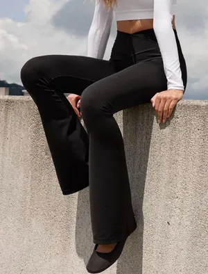 Aerie Offline Crossover Waist Flare Leggings in Black thumbnail 1