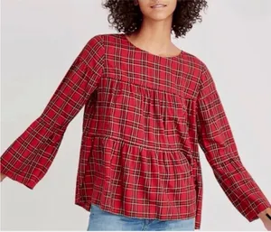 Madewell Red Black Small‎ Tartan Plaid Tiered Button Back Bell Fluted Sleeve Top thumbnail 1