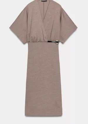Zara Taupe Kimono-Sleeve Midi Dress with Black Belt thumbnail 1