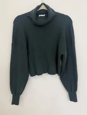 Good American-Turtleneck Ribbed Cropped Sweater - Dark Green thumbnail 1