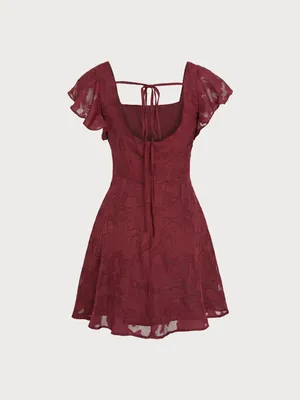 Rihoas Wine Red Square Neck Jacquard Mini Dress thumbnail 7