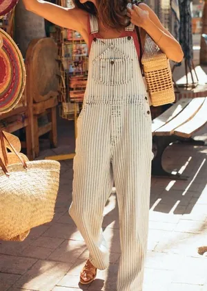 Faherty Overalls Topsail Railroad Stripe Faded Light‎ Wash Blue White Women XS thumbnail 1