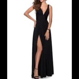 LA FEMME Plunge Neck A-line black high front slit Gown thumbnail 3