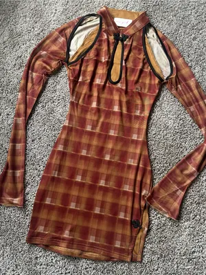 Dolls Kill Long-Sleeve Plaid Bodycon Dress in Rust & Gold Tones thumbnail 2
