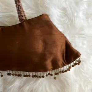 Vintage brown beaded fish scale triangle shape double handle satin handbag purse thumbnail 8