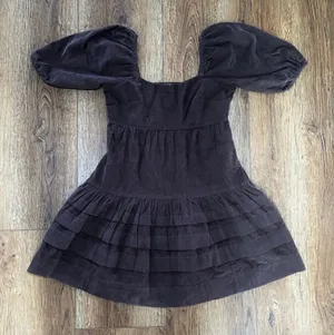 American Eagle Brown Corduroy Mini Dress Puff Sleeve Tiered Ruffle XXS Western thumbnail 1