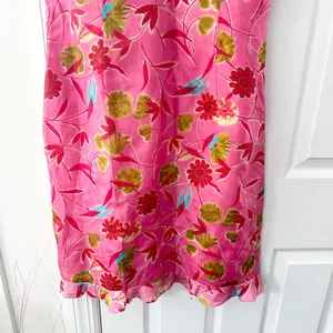 Tahari Bright Pink Floral Silk V Shift Dress Ruffle Trim Vintage Y2K Girly 8 thumbnail 3