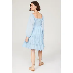 Area Stars Eyelet Trim Light Blue Long Sleeve Square Neck Dress Size Medium thumbnail 3