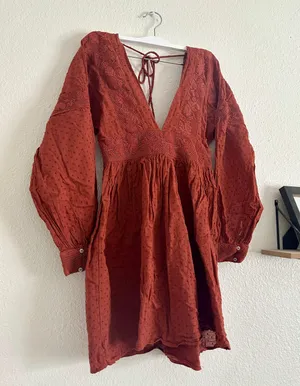 Free People Orange Long Sleeve Sugar Pie Babydoll A line Dress thumbnail 2
