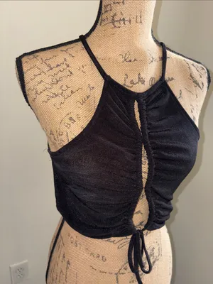 Forever 21 Black Ruched Halter Crop Top with Front Tie thumbnail 2