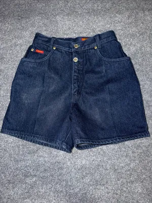 vintage Lawman high-waisted dark wash denim shorts featuring prominent gold-tone thumbnail 2