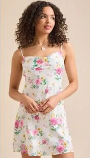 Altar'd State Girly Floral Pink Cowl Neck Satin Casual Mini Dress XS thumbnail 1