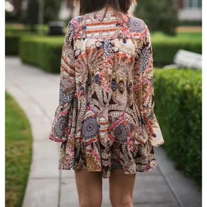 Umgee Bohemian Multicolor Printed Bell Sleeve Ruffle Hem Mini Dress Size L thumbnail 2