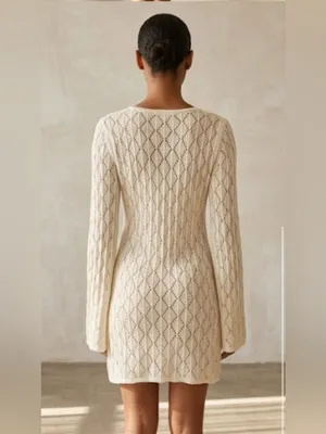 Streetwear Society Crochet Knit Mini Dress Beige Bell Sleeve Size L thumbnail 2