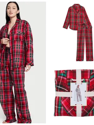 Victoria's Secret Red Pink Green Plaid Flannel Pajama Set Women’s Size Large thumbnail 3
