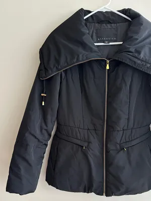 attention Black Fitted Puffer Jacket, Wide Collar, Gold Hardware, Size Small thumbnail 2