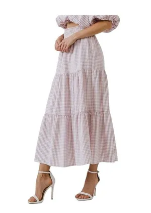 English Factory Check Print Tiered Maxi Skirt Gingham High-Waisted Size M NWT thumbnail 1