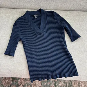 George Ribbed Knit V Neck Top L Dark Blue Short Sleeve Office Chic Fall Capsule thumbnail 1